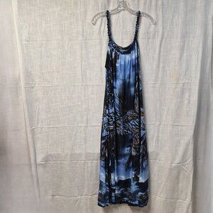 Tropical Palm Print Braided Strap Maxi Dress Blue Sleeveless Boho Beach Vacation